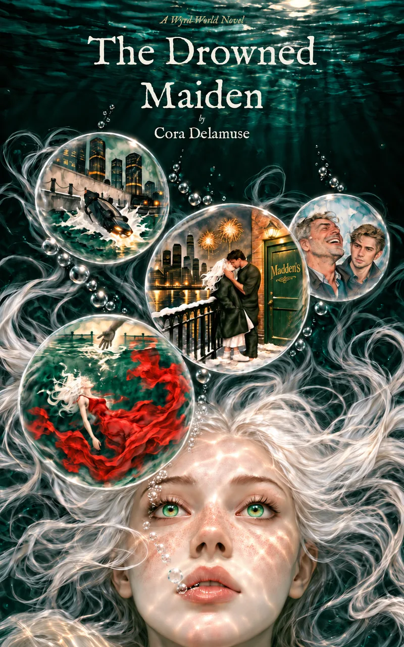 Book cover: a pale young woman with long white hair lies just under dark water, looking up, as bubbles holding scenes rise from her lips. Title: The Drowned Maiden, by Cora Delamuse.
